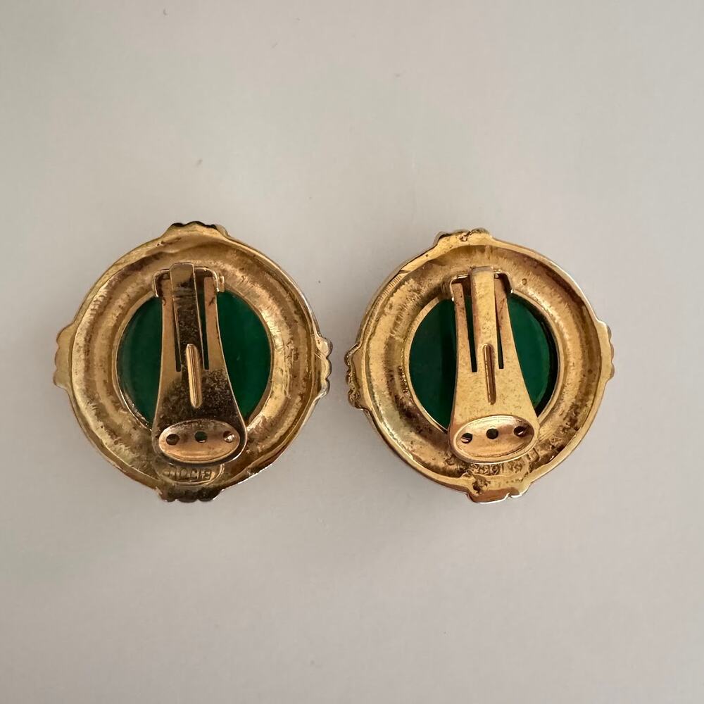 Vintage Bijoux Cascio Green Cabochon Gold Tone Clip-On Earrings Made in Italy - Picture 2 of 5